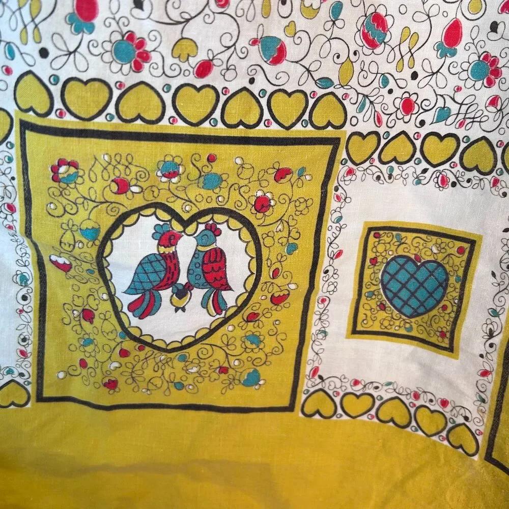 Vintage 50s-60s MCM Women's Multicolor Floral Yellow Border Print Cotton Apron